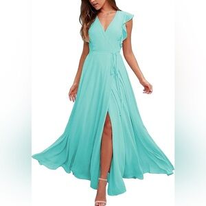 SIZE 4 Turquoise v-neck waist tie chiffon dress with slit
